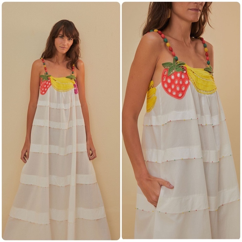 New! FARM Rio Embroidered Fruits Richelieu Cotton Maxi Dress 🍓🍇🍉 Medium - Picture 3 of 16
